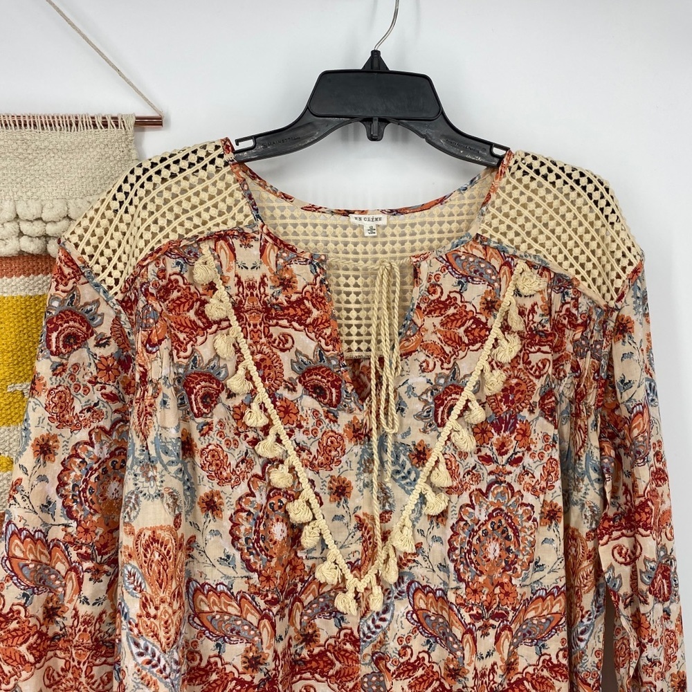 En Creme Floral Paisley Crochet Fringe Trim Top S - Picture 3 of 8
